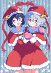  2girls :d arm_around_shoulder bangs black_hair blue_eyes capelet christmas closed_mouth commentary cowboy_shot dress english_text fur-trimmed_capelet fur_trim hat hat_bell highres holly konno_junko light_blush long_hair looking_at_viewer merry_christmas mizuno_ai multiple_girls open_mouth own_hands_together pink_mittens purple_eyes red_capelet red_headwear santa_dress santa_hat short_dress short_hair side-by-side silver_hair smile somasoutaro standing star_(symbol) striped striped_background vertical_stripes zombie_land_saga 