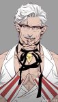 1boy alternate_pectoral_size bara bare_shoulders bird black-framed_eyewear chick colonel_sanders facial_hair glasses i_reibun interlocked_fingers kfc large_pectorals looking_at_viewer male_focus mature_male muscular muscular_male mustache old old_man own_hands_together pectoral_cleavage pectorals short_hair sideburns smile solo upper_body white_hair wrinkled_skin 