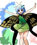  1girl antennae aqua_hair bare_legs black_leotard brown_eyes butterfly_wings dress eternity_larva eyebrows_visible_through_hair fairy feet_out_of_frame fifiruu green_dress hair_between_eyes leaf leaf_on_head leotard multicolored_clothes multicolored_dress open_mouth outstretched_arms short_hair single_strap smile solo spread_arms touhou wings 