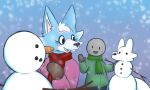  2021 animal_crossing anon anthro biped blue_body blue_fur canid canine canis clothing digital_media_(artwork) duo female fur gesture handwear human jacket male mammal mittens nintendo open_mouth open_smile pink_body pink_fur scarf skye_(animal_crossing) smile snow snowing snowman topwear video_games waving white_body white_fur wolf zzx 