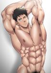  &gt;_o 1boy abs absurdres armpit_hair armpits bara black_hair blue_eyes closed_mouth free! high_speed! highres large_pectorals looking_at_viewer male_focus male_pubic_hair muscular muscular_male navel nipples nude one_eye_closed pectorals pubic_hair short_hair simple_background solo stretch suyohara yamazaki_sousuke 