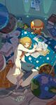  1girl 1other blonde_hair book coat denim dna earth_(planet) highres holding holding_pen jeans long_sleeves lying mercury_(planet) neptune_(planet) on_side orange_shirt original pants parted_lips pen pile_of_books planet planetarium robot scientist shirt short_hair sleeping socks tennohi white_coat 