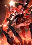  1girl arknights bangs black_choker black_dress boots breasts choker cleavage cleavage_cutout clothing_cutout dress fingerless_gloves gloves greatsword highres large_breasts long_hair looking_away myria_(7855) purple_eyes red_hair solo standing surtr_(arknights) thigh_boots thighhighs 