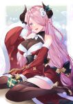  1girl :d bare_shoulders belt between_fingers black_gloves blue_eyes blurry blurry_background bow box braid breasts brown_legwear bug butterfly christmas crown_braid detached_sleeves draph fang feet_out_of_frame fur_trim gift gift_box gloves granblue_fantasy hair_bow hair_ornament hair_over_one_eye hand_up heart high_heels highres holly_hair_ornament horns kaede_(mmkeyy) large_breasts long_hair looking_at_viewer low-tied_long_hair low_tied_hair narmaya_(granblue_fantasy) one_eye_covered pink_hair pointy_ears pom_pom_(clothes) santa_dress sash side_braid sitting skin_tight sleeves_past_wrists smile snowman_hair_ornament solo thighhighs transparent_butterfly very_long_hair wariza white_background yellow_footwear 