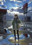  1girl absurdres blush breath clenched_teeth closed_eyes cloud cloudy_sky hanagamigendai highres horizon lake mountain original puddle reflection scenery sign sky smile solo standing teeth 