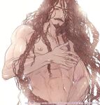  1boy abs absurdly_long_hair backlighting bara brown_hair check_copyright completely_nude copyright_request covering covering_crotch facial_hair goatee grabbing i_reibun large_pectorals long_hair looking_down male_focus mature_male muscular muscular_male mustache navel nipple_tweak nipples nude old old_man original pectoral_grab pectorals solo stomach upper_body very_long_hair wrinkled_skin 