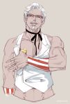  1boy animal animal_on_chest bara bare_arms bird chick colonel_sanders cropped_torso facial_hair glasses goatee i_reibun kfc male_focus mature_male midriff_peek muscular muscular_male mustache old old_man pectoral_cleavage pectorals short_hair sideburns smile solo vest white_hair white_vest 