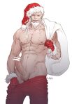  1boy abs bar_censor bara beard censored chest_hair christmas clothes_pull colonel_sanders erection facial_hair feet_out_of_frame goatee hat highres holding holding_sack i_reibun kfc large_pectorals long_beard long_hair male_focus mature_male muscular muscular_male mustache navel navel_hair nipples no_male_underwear old old_man pants pants_pull pectorals penis pulled_by_self red_pants sack santa_costume santa_hat skindentation smile solo stomach thick_thighs thighs topless_male veins veiny_penis white_hair 