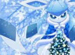  :3 blue_capelet blue_eyes capelet christmas closed_mouth commentary_request fur-trimmed_capelet fur_trim glaceon looking_at_viewer maiko_(mimi) no_humans pokemon pokemon_(creature) smile snow snowflakes snowing solo 