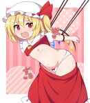  1girl arms_up ascot bangs blonde_hair blush bow bow_panties breasts clothes_lift clothes_pull collar collared_shirt commentary_request eyebrows_visible_through_hair fang flandre_scarlet frilled_collar frilled_shirt_collar frilled_skirt frills furrowed_brow hair_between_eyes hands_up hat hat_ribbon heart looking_to_the_side mob_cap nipples one_breast_out one_side_up open_mouth panties pink_background pink_heart puffy_short_sleeves puffy_sleeves red_eyes red_ribbon red_skirt red_vest restrained ribbon rizento rope shirt shirt_lift short_hair short_sleeves skirt skirt_pull small_breasts solo standing star_(symbol) striped striped_background touhou underwear vest white_background white_headwear white_panties white_shirt yellow_ascot 