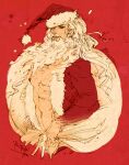  1boy abs bara bare_pectorals beard christmas cropped_torso facial_hair fur-trimmed_jacket fur_trim hat holding holding_sack i_reibun jacket long_beard long_hair looking_at_viewer male_focus mature_male muscular muscular_male mustache nipples old old_man pectorals red_jacket red_theme sack santa_costume santa_hat smile solo stomach white_hair 