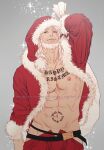  1boy abs bara bare_pectorals beard chest_tattoo christmas clothes_pull cowboy_shot facial_hair fur-trimmed_jacket fur_trim goatee hat head_tilt holding holding_sack i_reibun jacket looking_at_viewer male_focus mature_male medium_hair muscular muscular_male mustache navel navel_hair nipples no_male_underwear old old_man open_clothes open_fly open_jacket original pants pants_pull pectorals red_jacket sack santa_costume santa_hat solo stomach stomach_tattoo tattoo white_hair 