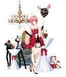  1girl 2boys absurdres ahoge alpha_transparency alternate_costume antlers bare_shoulders black_gloves black_pants blonde_hair bottle box breasts brown_hair candle chandelier christmas christmas_tree cleavage collarbone counter:side cup drinking drinking_glass earrings elbow_gloves floating floating_object formal gift gift_box gloves green_eyes high_heels highres jake_walker jewelry kyle_wong multiple_boys necklace official_alternate_costume official_art pants pink_hair reindeer_antlers sylvia_lena_cooper table wine_bottle wine_glass 