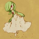 1girl bangs bob_cut closed_mouth colored_skin commentary_request flat_chest full_body gardevoir green_hair green_skin hair_over_one_eye happy leg_up looking_to_the_side lowres multicolored_skin one_eye_covered oyama_yoihaya pokemon pokemon_(creature) red_eyes ripples short_hair simple_background smile solo standing standing_on_one_leg two-tone_skin white_skin yellow_background 