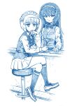  2girls bar_stool bartender bbb_(friskuser) blue_theme bow bowtie cocktail_glass commentary_request counter crossed_legs cup cutlass_(girls_und_panzer) drinking_glass eyebrows_visible_through_hair girls_und_panzer hair_between_eyes hairband highres loafers long_hair long_sleeves looking_at_viewer maid_headdress martini monochrome multiple_girls olive photoshop_(medium) pleated_skirt reizei_mako revision shadow shoes short_hair sitting skirt smile socks stool untied vest white_background 