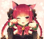  1girl :3 ;d animal_ears arms_up bangs bell black_bow black_ribbon blush bow braid capelet cat_ears commentary_request eyebrows_visible_through_hair eyelashes fang frilled_sleeves frills fur-trimmed_capelet fur_trim hair_bow hair_ribbon jingle_bell kaenbyou_rin kirisita long_hair long_sleeves looking_at_viewer one-hour_drawing_challenge one_eye_closed open_mouth paw_pose pink_background red_bow red_capelet red_eyes red_hair red_neckwear ribbon shiny shiny_hair slit_pupils smile snowflake_background solo sparkle standing touhou twin_braids two_side_up upper_body 