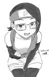  1girl arm_between_legs blush boruto:_naruto_next_generations breasts collarbone dated fang glasses greyscale headband looking_at_viewer monochrome naruto_(series) open_mouth seductive_smile short_hair shorts signature simple_background sketch skin_fang skindentation small_breasts smile solo thighhighs tsukudani_(coke-buta) uchiha_sarada white_background 