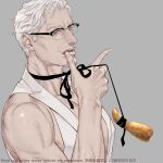  1boy bara bare_arms bare_shoulders chicken_(food) colonel_sanders facial_hair food from_side glasses goatee i_reibun kfc large_pectorals licking licking_finger looking_at_viewer male_focus mature_male muscular muscular_male mustache old old_man pectoral_cleavage pectorals short_hair sideburns sidepec solo tongue tongue_out upper_body vest white_hair white_vest 