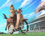  2boys bangs blue_sky brown_eyes brown_hair centaur character_request closed_mouth cloud collared_shirt commentary_request copyright_request crowd day dress_shirt formal full_body grass ground_vehicle hair_between_eyes helmet honda horse_head horse_racing horse_racing_track horse_tail indoors jacket long_sleeves male_focus monster_boy motor_vehicle motorcycle motorcycle_helmet multiple_boys multiple_legs racing shadow shimekiri_(yamada4vt) shirt sidelocks sitting sky suit tail taur vehicle_request virtual_youtuber white_footwear white_jacket white_shirt 