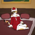  bed bedroom_eyes bell_on_tail calico_cat christmas christmas_clothing christmas_headwear clothing domestic_cat felid feline felis furniture hat headgear headwear hi_res holidays mammal miaz mottled narrowed_eyes piebald presenting santa_hat seductive shoulderless_clothing teasing 