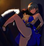  1boy 1girl ball_busting bdsm blush breast_smother breasts cbt crotch_kick dark face_to_breasts feet femdom hetero highres large_breasts night original reverse_ryona seset 
