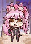  1girl animal_ear_fluff animal_ears bangs bodysuit boots bow breasts cleavage eyebrows_visible_through_hair fate/grand_order fate_(series) fox_ears fox_girl fox_shadow_puppet fox_tail glasses hair_bow koyanskaya_(fate) l.n long_hair long_sleeves looking_at_viewer pink_bow pink_hair riyo_(lyomsnpmp)_(style) rock side_ponytail smirk solo standing tail tamamo_(fate) yellow_eyes 