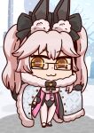  1girl :3 animal_ear_fluff animal_ears bangs black_bow black_gloves bow breasts cape closed_mouth fate/grand_order fate_(series) fox_girl fox_tail glasses gloves hair_bow holding holding_cape holding_clothes koyanskaya_(fate) l.n long_hair looking_at_viewer pink_hair playboy_bunny rabbit_ears riyo_(lyomsnpmp)_(style) solo tail tamamo_(fate) thighhighs twintails yellow_eyes 