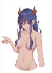  1girl absurdres arknights bangs blue_hair breasts ch&#039;en_(arknights) chinese_commentary collarbone commentary_request cropped_torso db1s dragon_horns groin hair_between_eyes hair_censor hand_up highres horns long_hair looking_at_viewer medium_breasts nail_polish navel nude red_eyes red_nails sidelocks simple_background solo stomach upper_body white_background 