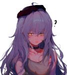  1girl ? absurdres ahoge bangs choker collarbone commentary_request furioso g11_(girls&#039;_frontline) girls&#039;_frontline hair_between_eyes hat highres long_hair looking_at_viewer messy_hair purple_hair saliva simple_background solo tank_top upper_body white_background yellow_eyes 