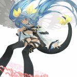  1girl angel_wings asymmetrical_wings belt black_legwear black_panties blue_hair breasts choker cleavage detached_sleeves dizzy_(guilty_gear) feet_out_of_frame found_modori guilty_gear guilty_gear_xrd hair_between_eyes hair_ribbon hair_rings hand_on_own_chest highres large_breasts looking_at_viewer magic_circle monster_girl panties red_eyes ribbon shirt simple_background solo tail tail_ornament tail_ribbon thigh_strap thighhighs twintails underwear white_background white_shirt wide_sleeves wind wind_lift wings yellow_ribbon 