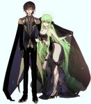  1boy 1girl absurdly_long_hair bangs bare_hips bare_legs belt_buckle black_dress black_hair black_jacket black_pants brown_eyes buckle c.c. code_geass collared_shirt creayus dress eyebrows_visible_through_hair full_body gloves green_hair grey_gloves hair_between_eyes hand_on_another&#039;s_hip high_heels jacket lelouch_lamperouge long_hair long_sleeves looking_at_viewer midriff pants pumps purple_eyes revealing_clothes shiny shiny_hair shiny_skin shirt short_hair simple_background sketch standing stomach straight_hair striped striped_shirt veil vertical-striped_shirt vertical_stripes very_long_hair white_background wing_collar 