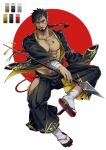  1boy abs bara bare_pectorals black_hair black_kimono blind blonde_hair brown_eyes dark-skinned_male dark_skin facial_hair full_moon hakama hakama_pants happi highres hip_vent holding holding_polearm holding_weapon japanese_clothes kimono large_pectorals magatama magatama_necklace male_focus mature_male moon multicolored_hair muscular muscular_male navel navel_hair ninja_(yzpyn) nipples open_clothes open_kimono original pants pectorals polearm scar scar_on_cheek scar_on_face short_hair sideburns solo stomach streaked_hair stubble thick_thighs thighs weapon wide_sleeves yzpyn 