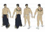  1boy abs ass back_tattoo bara black_hair blonde_hair bulge character_sheet dark-skinned_male dark_skin facial_hair flat_color from_behind full_body hakama hakama_pants hip_vent japanese_clothes large_pectorals magatama magatama_necklace male_focus mature_male multicolored_hair multiple_views muscular muscular_male navel ninja_(yzpyn) nipples original pants pectorals scar scar_on_cheek scar_on_face short_hair sideburns stomach streaked_hair stubble tattoo thick_thighs thighs topless_male yzpyn 