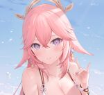  1girl 6u_(eternal_land) animal_ears bangs bikini breasts cleavage earrings fox_ears genshin_impact jewelry long_hair pink_hair purple_eyes smile solo swimsuit vision_(genshin_impact) water yae_(genshin_impact) 