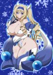  1girl absurdres blonde_hair blue_eyes blue_hairband breasts cecilia_alcott cleavage cosplay covered_nipples curly_hair drill_hair hairband highres impossible_clothes impossible_leotard infinite_stratos large_breasts leotard lolita_hairband long_hair looking_at_viewer onizaki_kirara onizaki_kirara_(cosplay) shiny shiny_hair shiny_skin solo space_gorilla taimanin_(series) taimanin_asagi_kessen_arena taimanin_suit underboob 