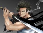  biceps black_clover black_hair blade cigarette eye_contact facial_hair floating_cape frown furrowed_brow hands_on_hilt looking_at_another looking_at_viewer muscular muscular_male shirt sleeveless sleeveless_shirt smoking stubble sword weapon yami_sukehiro 