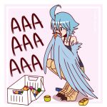  1girl ahoge bird_legs block blue_hair blue_wings claws commentary cup digitigrade english_commentary eyebrows_visible_through_hair feathered_wings feathers harpy holding holding_cup monster_girl monster_musume_no_iru_nichijou papi_(monster_musume) pink_background screaming short_hair silent-shanin solo squatting talons tank_top toy two-tone_background white_background winged_arms wings yellow_eyes 