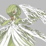  1girl bangs bob_cut closed_mouth colored_skin commentary_request feathered_wings flat_chest gardevoir green_hair green_skin grey_background grey_outline hair_over_one_eye hand_on_hip happy jaggy_line low_wings lowres multicolored_skin multiple_wings one_eye_covered oyama_yoihaya partial_commentary pokemon pokemon_(creature) red_eyes shiny shiny_hair shiny_skin short_hair simple_background smile solo standing two-tone_skin white_skin white_wings wings 