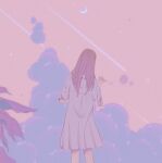  1girl bubble bubble_blowing cloud cloudy_sky crescent_moon dress feet_out_of_frame hand_up highres leaf long_hair moon original pink_theme plant purple_hair rasukusekai shooting_star short_sleeves sky solo white_dress 