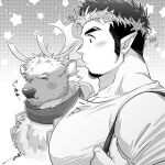  2boys bara blush breast_envy bursting_pectorals character_request facial_hair from_side furry furry_male goatee greyscale highres large_pectorals long_sideburns looking_at_another looking_down male_focus mature_male meme monochrome multicolored_hair multiple_boys muscular muscular_male pectoral_envy_(meme) pectoral_focus pectorals pointy_ears pout short_hair sideburns snowflakes sparkling_eyes tepen_(tptptpn) tokyo_afterschool_summoners tomte_(housamo) two-tone_hair upper_body 