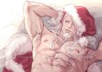  1boy abs arm_behind_head armpit_hair armpits bara bare_pectorals beard chest_hair christmas facial_hair fur-trimmed_jacket fur_trim goatee hat i_reibun jacket large_pectorals long_hair lying male_focus mature_male muscular muscular_male mustache navel nipples old old_man on_back on_bed open_clothes open_jacket original pectorals santa_costume santa_hat solo stomach upper_body wakling_up white_hair 