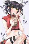  1girl alternate_costume alternate_hairstyle ayu_(sweetfish_man) bangs black_hair blunt_bangs blush breasts bubble_tea commentary_request crop_top cup demon_girl demon_horns double_bun eyebrows_visible_through_hair feet_out_of_frame fishnet_legwear fishnets hand_on_own_cheek hand_on_own_face highres holding holding_cup horns kojo_anna looking_at_viewer medium_breasts multicolored_hair parted_lips pointy_ears purple_hair short_hair short_twintails solo sugar_lyric thigh_strap thighhighs twintails two-tone_hair virtual_youtuber white_background yellow_eyes 