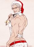  1boy bara bare_back bare_shoulders bird chick christmas colonel_sanders facial_hair from_behind glasses goatee hat highres i_reibun kfc looking_at_viewer male_focus mature_male muscular muscular_male mustache old old_man pants pectorals revision santa_hat seductive_smile short_hair sideburns sidepec smile solo tight tight_pants vest white_hair white_pants white_vest 