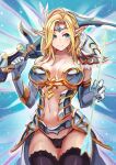  1girl armor arrow_(projectile) bare_shoulders black_legwear black_panties blonde_hair blue_eyes blush bow_(weapon) breastplate breasts circlet cleavage closed_mouth collarbone elf erementa eyebrows_visible_through_hair eyes_visible_through_hair fairy_wings feather_hair_ornament feathers gem glint gold_trim hair_ornament holding holding_arrow holding_bow_(weapon) holding_weapon long_hair navel original panties pauldrons pointy_ears shoulder_armor single_bare_shoulder single_pauldron smile solo sparkle thighhighs underwear weapon wings 