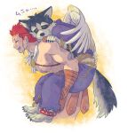  2boys :p animal_ears areolae bara carrying cropped_legs dog_boy dog_ears dog_tails feather_hair_ornament feathers furry furry_male garmr_(housamo) greek_clothes hair_ornament male_focus multiple_boys muscular muscular_male pectorals piggyback pollux_(housamo) red_hair short_hair sideburns single_wing smile tokyo_afterschool_summoners tongue tongue_out topless_male translation_request tsuna_(so_da77) wings 