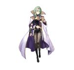  1girl absurdres arm_guards armor bangs belt black_footwear book boots byleth_(fire_emblem) byleth_(fire_emblem)_(female) cape closed_mouth commentary_request dagger fingernails fire_emblem fire_emblem:_three_houses fire_emblem_heroes full_body gold_trim green_eyes green_hair highres holding holding_book jewelry kakage knee_boots knife lips looking_at_viewer midriff navel official_art pantyhose shiny shiny_clothes short_hair short_sleeves shorts simple_background smile solo standing stomach tiara weapon 