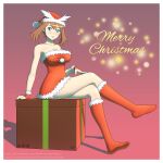  box breasts christmas christmas_present costume crossed_legs gift highres large_breasts may_(pokemon) merry_christmas nintendo pokemon pokemon_(game) sitting the_tentacle_professor 