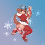  anthro blue_background blue_hair blush bottomless brown_body brown_fur candy candy_cane christmas christmas_clothing clothed clothing dessert food fur green_eyes hair hi_res holidays legwear lutrine male mammal mustelid pawpads paws red_clothing red_legwear red_thigh_highs riding simple_background skymafia snowflake solo thigh_highs tongue tongue_out 