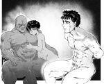  1girl 2boys arms_behind_back bald berserk bound bound_wrists casca_(berserk) closed_mouth completely_nude crying crying_with_eyes_open dark-skinned_male dark_skin donovan greyscale grin guts_(berserk) hug invisible_chair large_penis large_testicles looking_at_another monochrome multiple_boys muscular muscular_male netorare nude one_eye_closed penis riderxtremex short_hair sitting smile tears testicles 