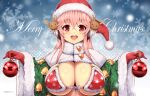  1girl antlers bauble bikini blush breasts christmas christmas_ornaments cleavage cloak hat headphones large_breasts long_hair looking_at_viewer merry_christmas nitroplus pink_eyes red_eyes reindeer_hair_ornament santa_bikini santa_hat smile solo super_sonico swimsuit virus-g 